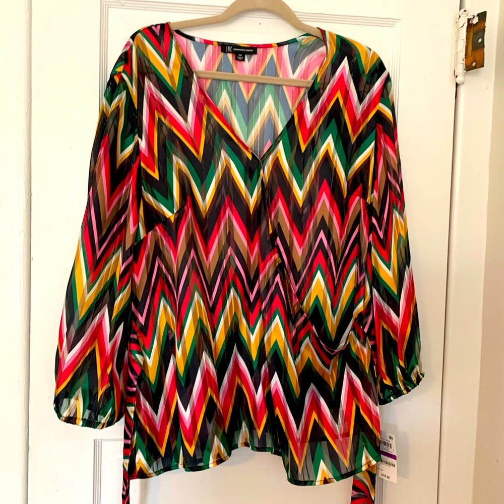 INC multicolor chevron patterned blouse with sash